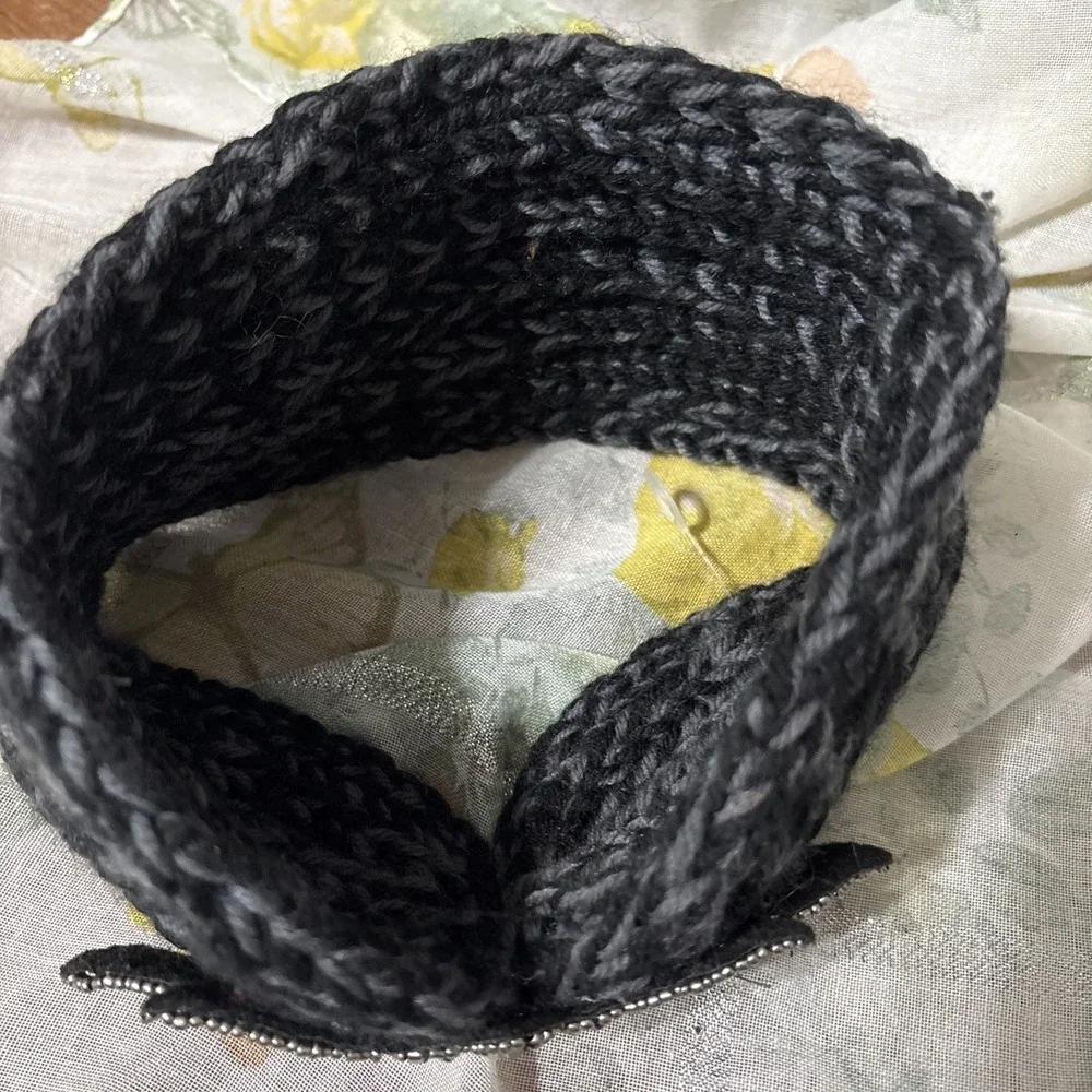 Crocheted Yarn Hair  Band Black And‎ Gray with Jeweled Accent